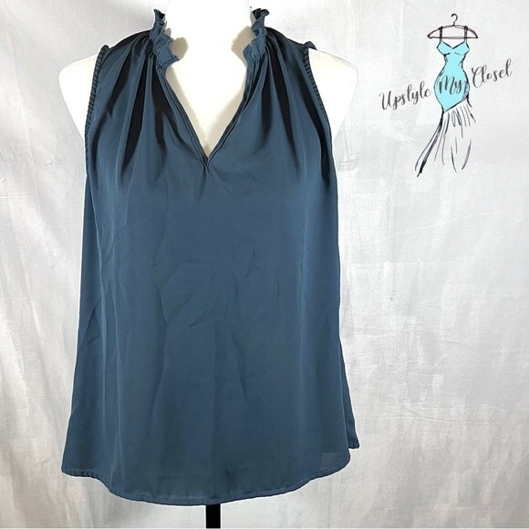Steel blue notched neck frill trim blouse top size XL - Picture 2 of 8